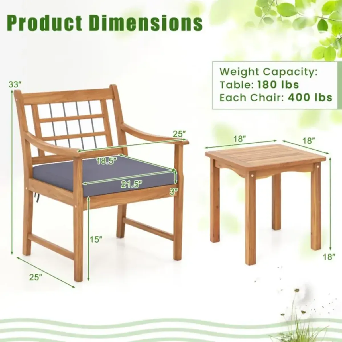 Hivvago 3 Piece Wood Patio Furniture Set with Seat Cushions and Acacia Wood Frame