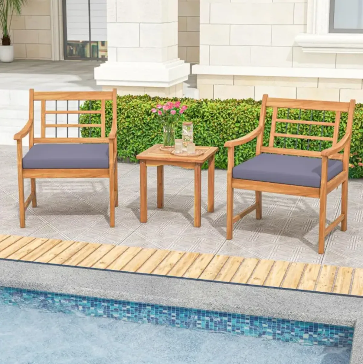 Hivvago 3 Piece Wood Patio Furniture Set with Seat Cushions and Acacia Wood Frame