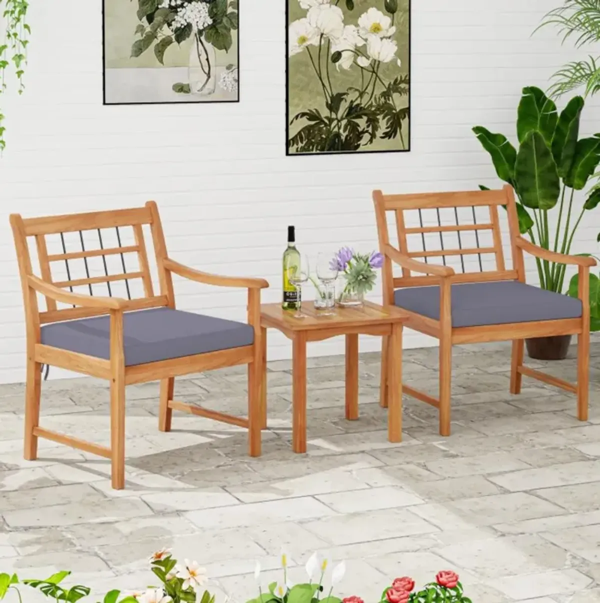 Hivvago 3 Piece Wood Patio Furniture Set with Seat Cushions and Acacia Wood Frame