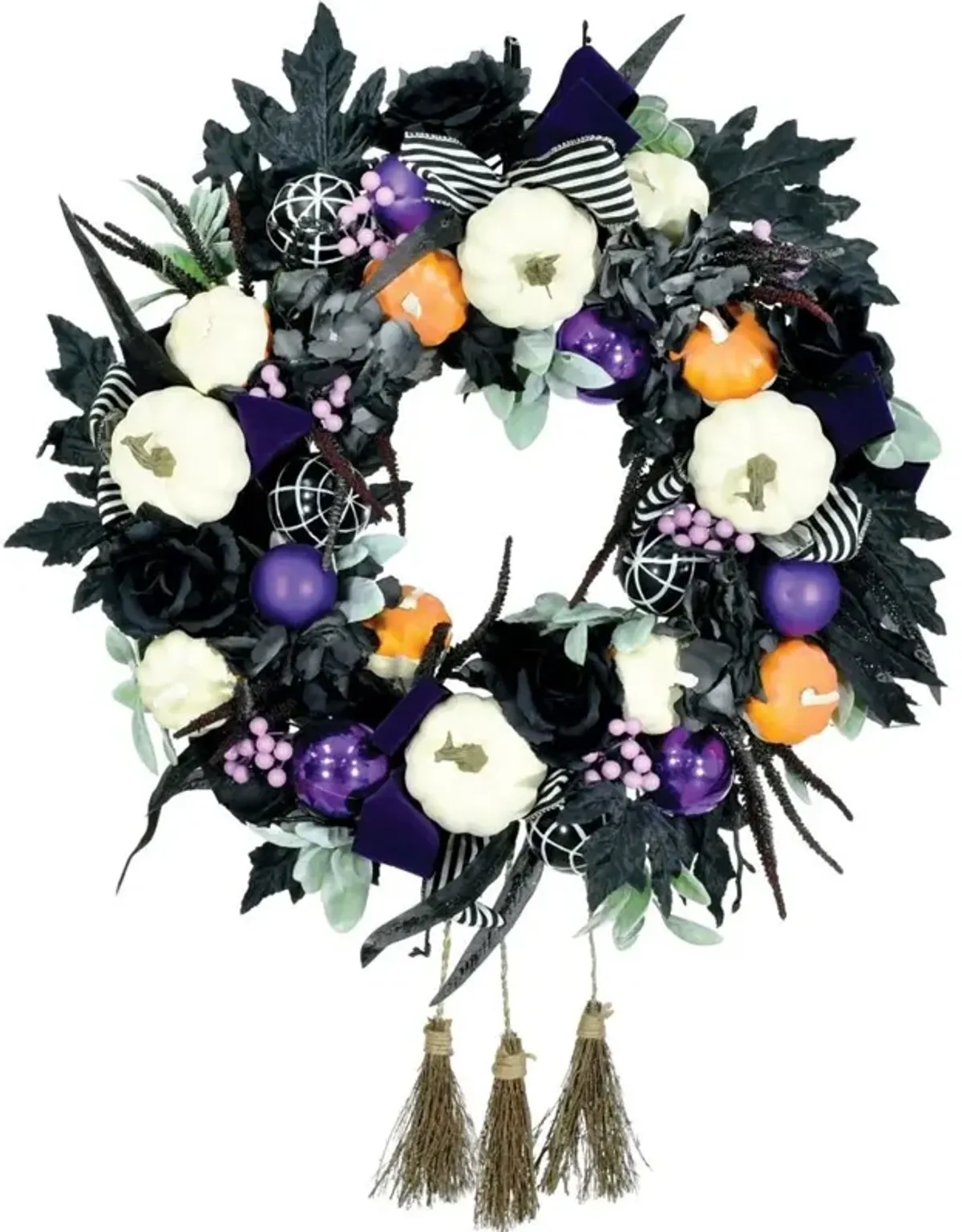 Haunted Hill Farm HHF 24 Wreath, Pumpkins, Ornaments, Roses with Hanging Brooms