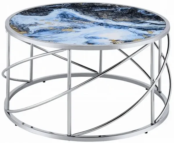 Shira Round Coffee Table, 33 Inch, Open Chrome Base, Blue Faux Marble - Benzara
