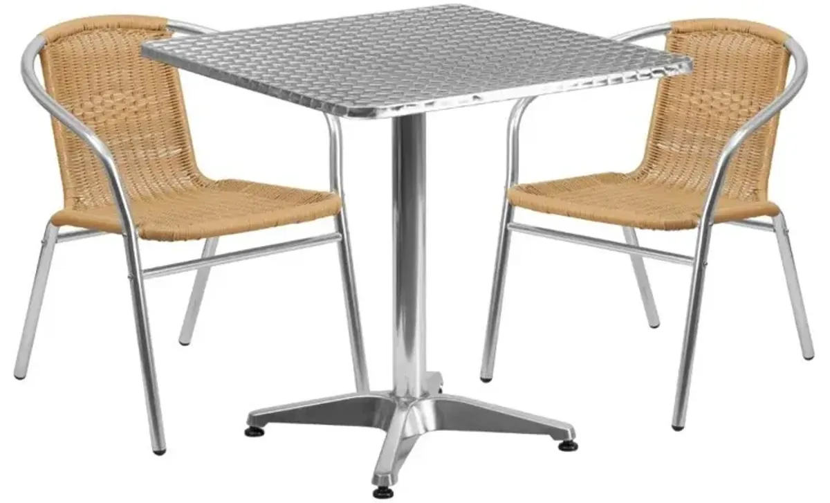 Flash Furniture 27.5'' Square Aluminum Indoor-Outdoor Table Set with 2 Beige Rattan Chairs