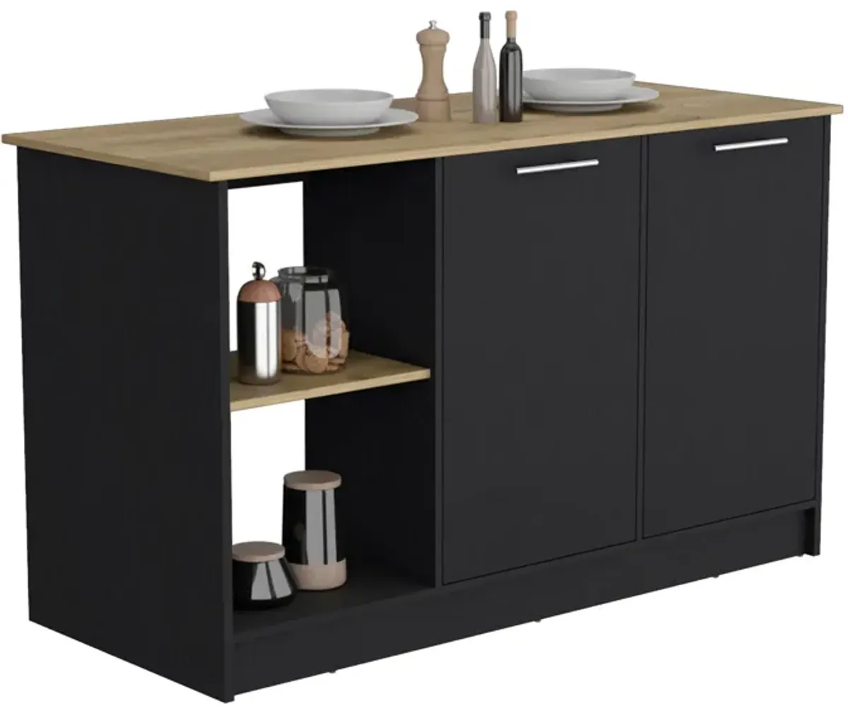 DEPOT E-SHOP Coral Kitchen Island with Large Countertop, Open Storage Shelves and Double Door Cabinet