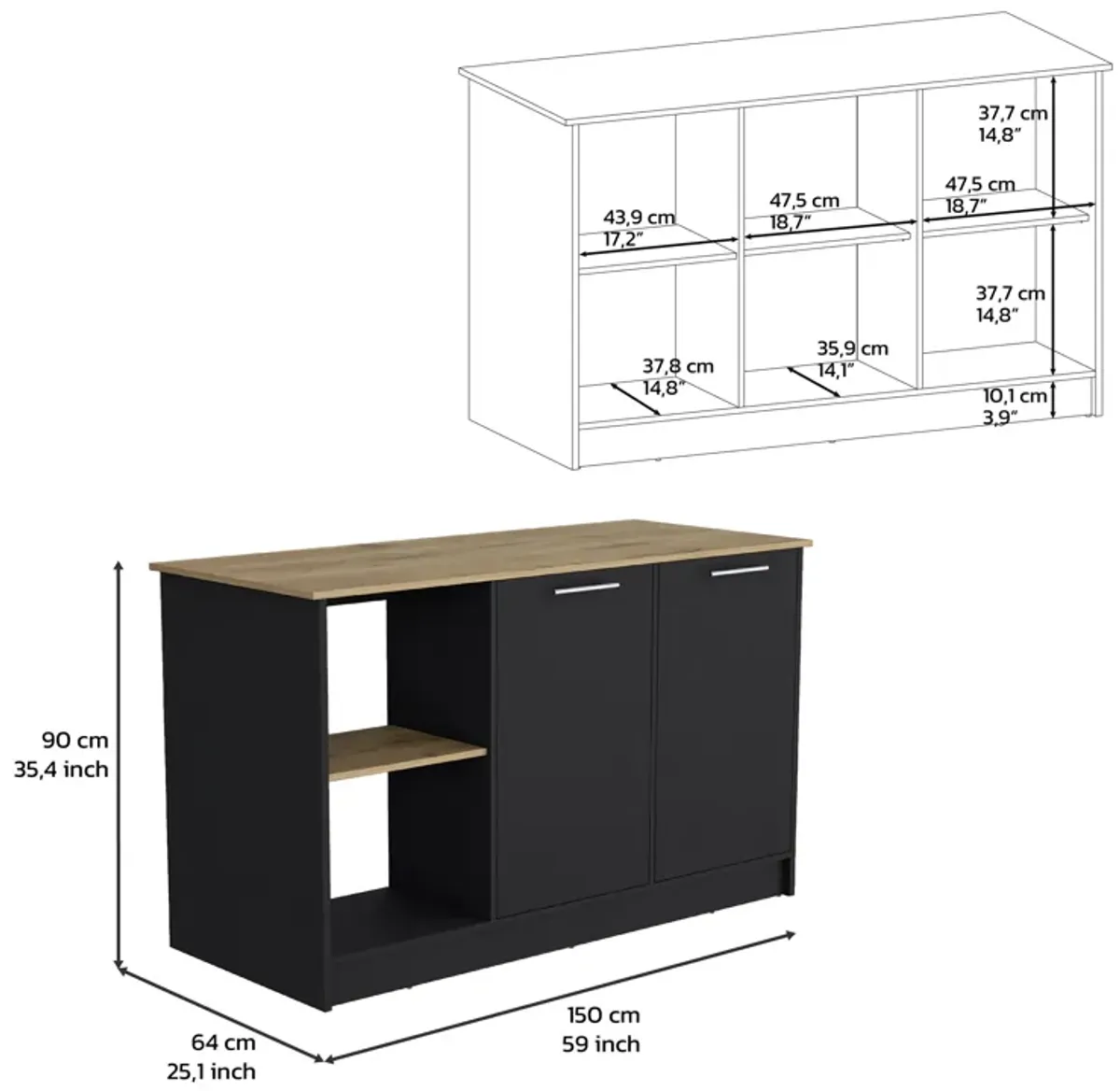 DEPOT E-SHOP Coral Kitchen Island with Large Countertop, Open Storage Shelves and Double Door Cabinet