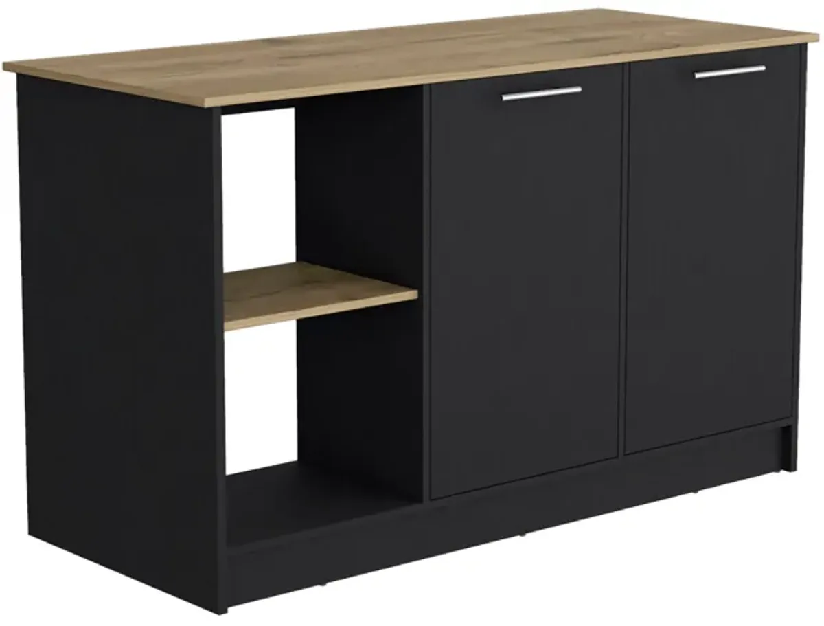 DEPOT E-SHOP Coral Kitchen Island with Large Countertop, Open Storage Shelves and Double Door Cabinet