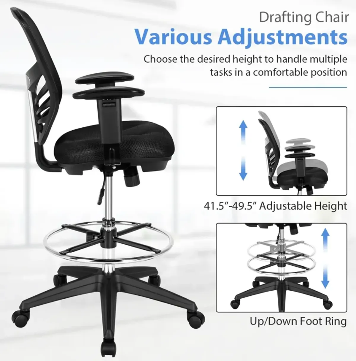 Mesh Drafting Chair Office Chair with Adjustable Armrests and Foot-Ring