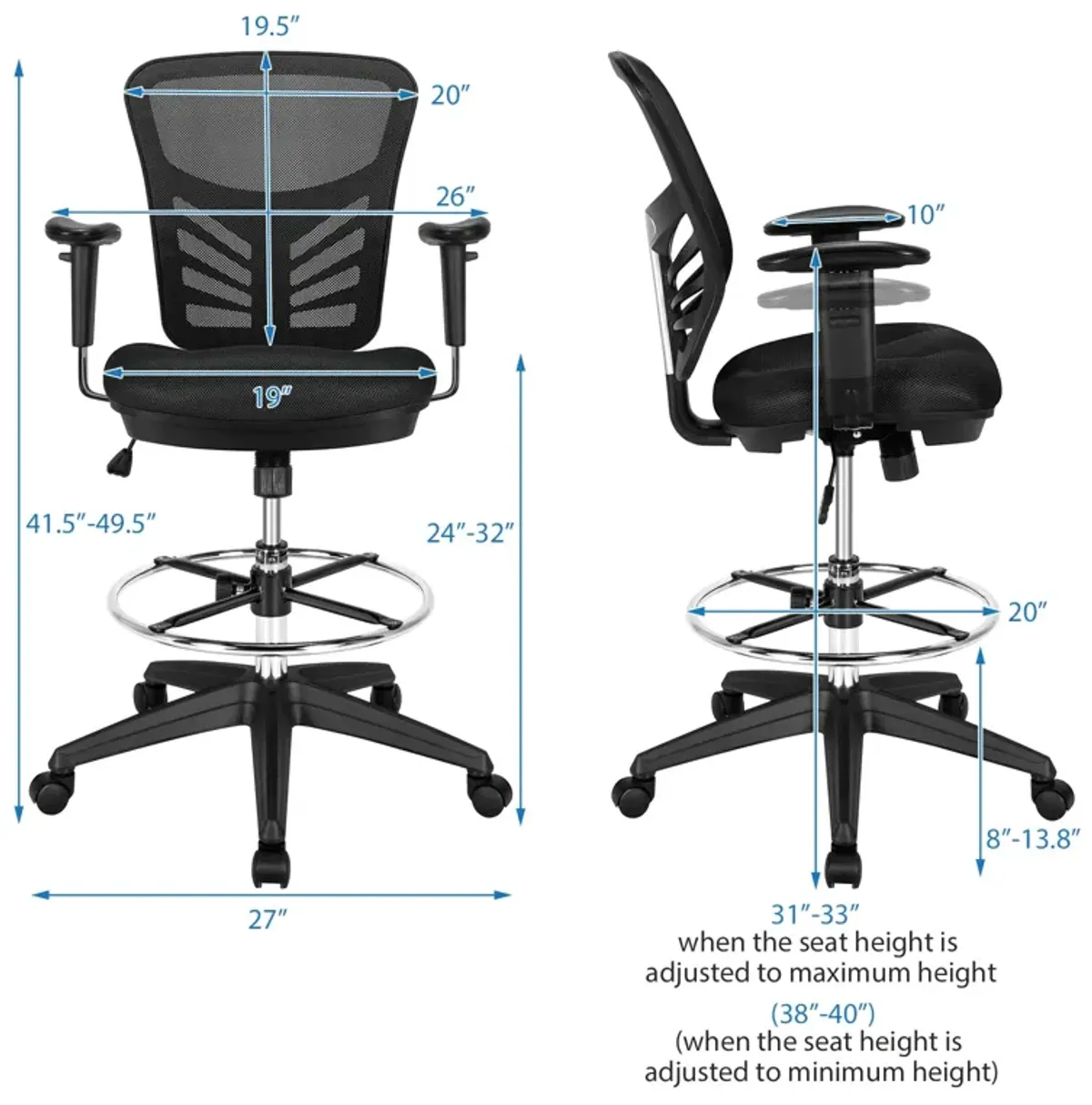 Mesh Drafting Chair Office Chair with Adjustable Armrests and Foot-Ring