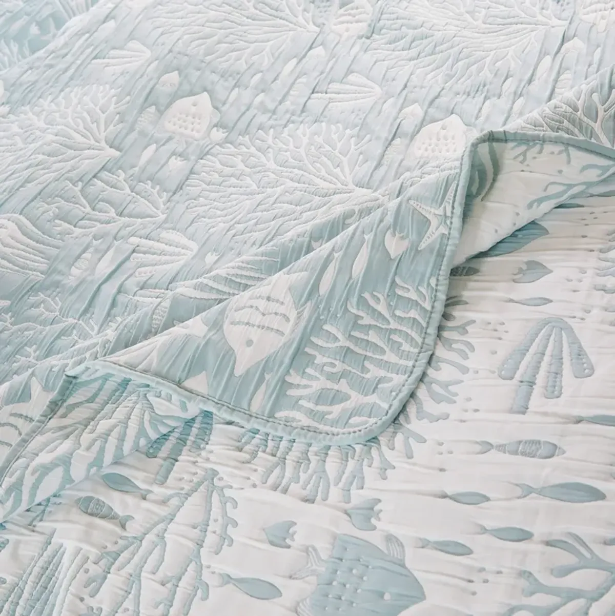 Amy 2pc XL Twin Coverlet and Pillow Sham Set, Coastal Design Seafoam Blue