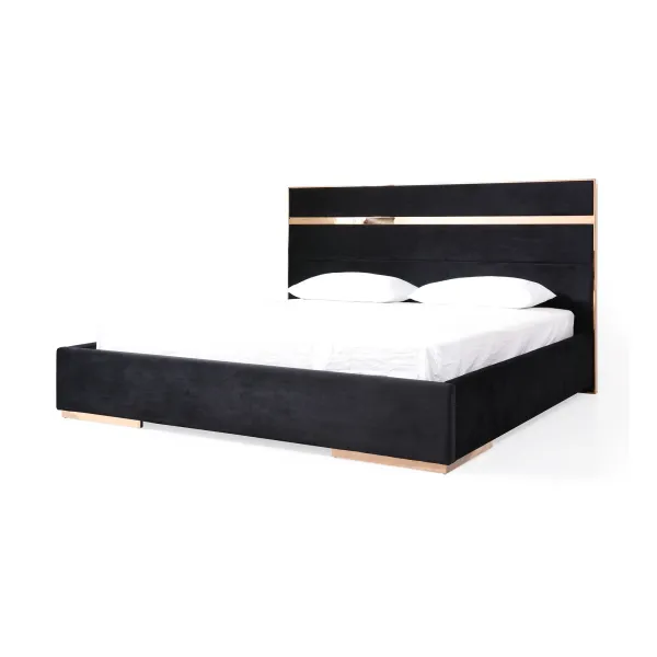 Caer Platform King Bed, Black Velvet Upholstery, Rose Gold Steel - Benzara