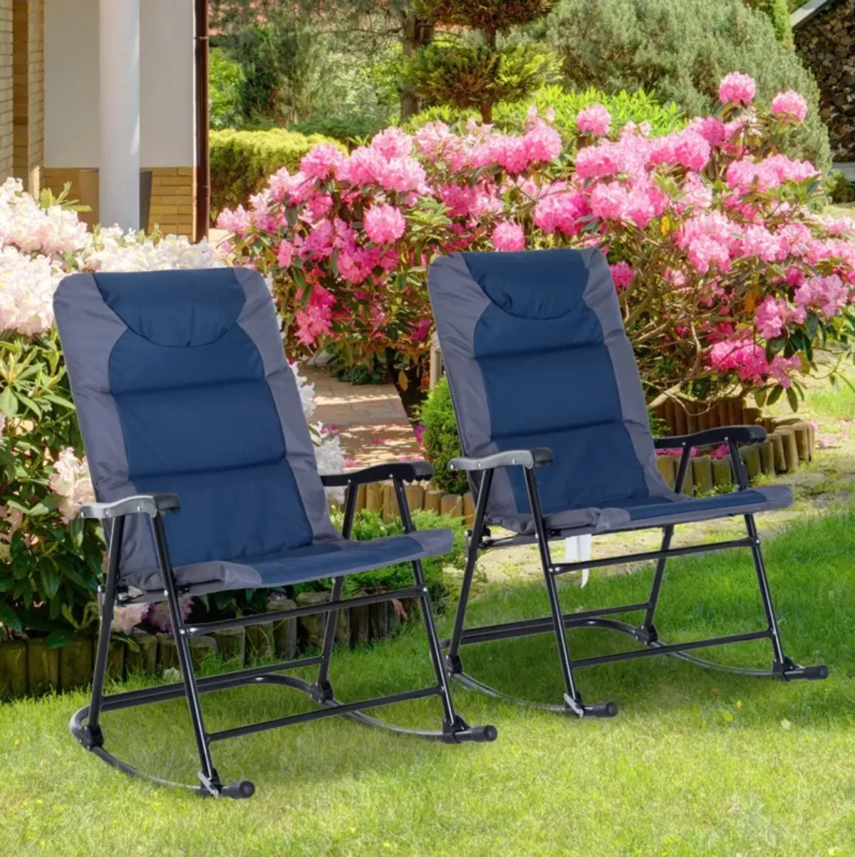 Navy & Grey Porch Pair: 2-Piece Padded Outdoor Rocking Chair Set