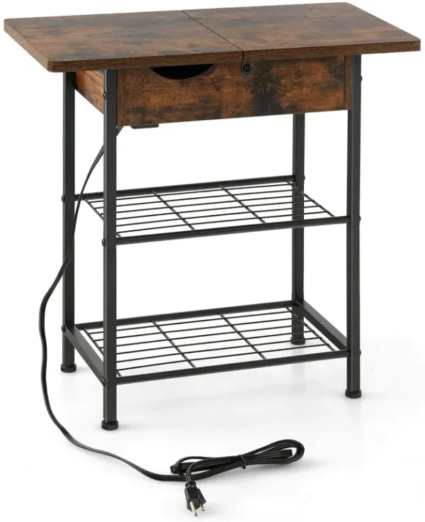 Side End Table with Charging Station Flip-Up Top for Living Room-Rustic Brown
