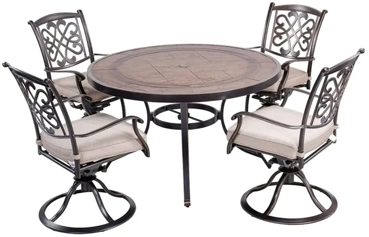 MONDAWE 5-Piece Cast Aluminum Outdoor Dining Set with Round Umbrella Table and 4 Swivel Chairs with Cushions