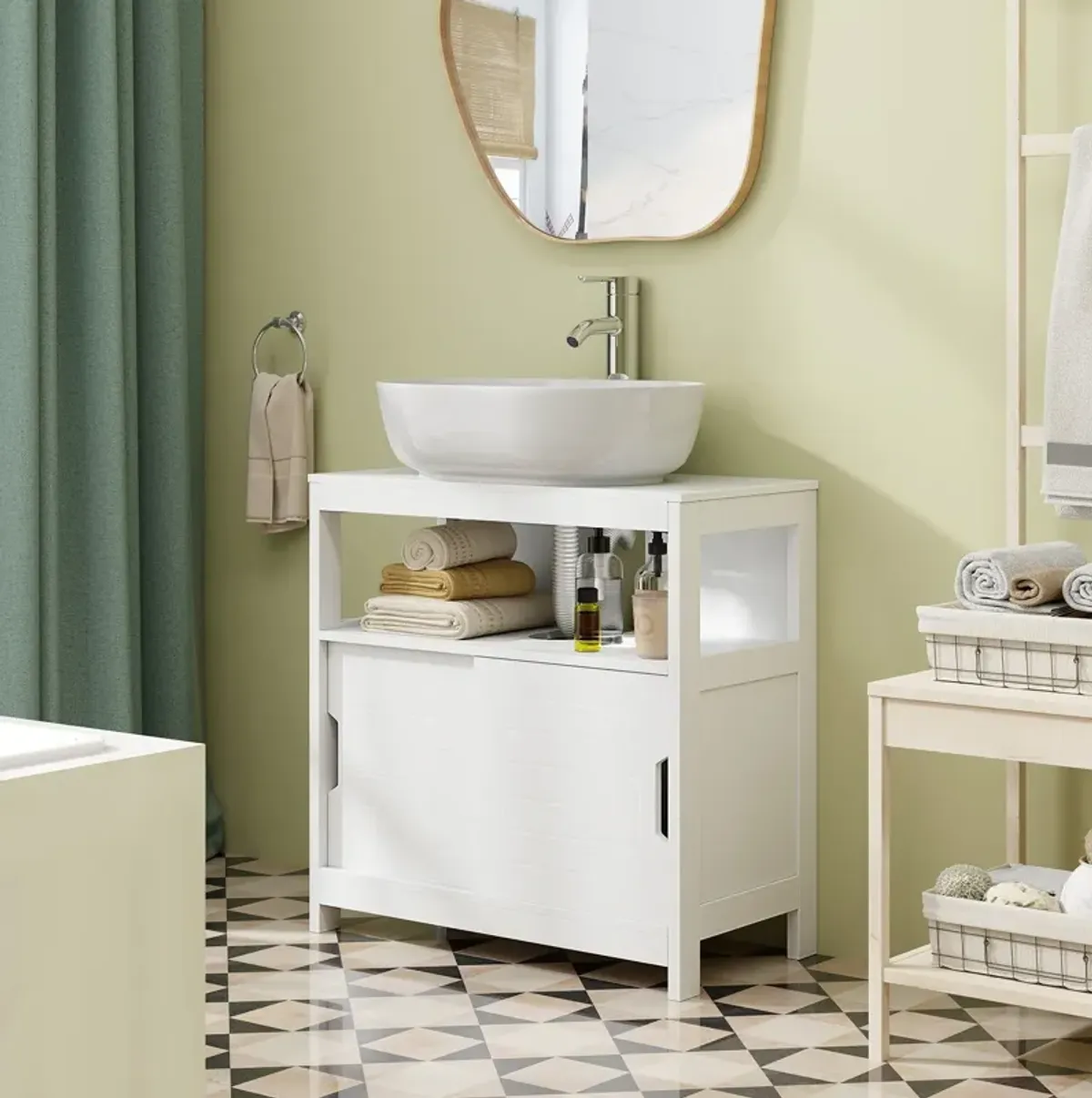 Pedestal Sink Storage Cabinet with 2 Sliding Doors and U-shaped Cut-out-White