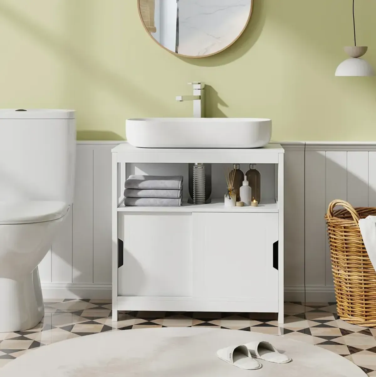 Pedestal Sink Storage Cabinet with 2 Sliding Doors and U-shaped Cut-out-White