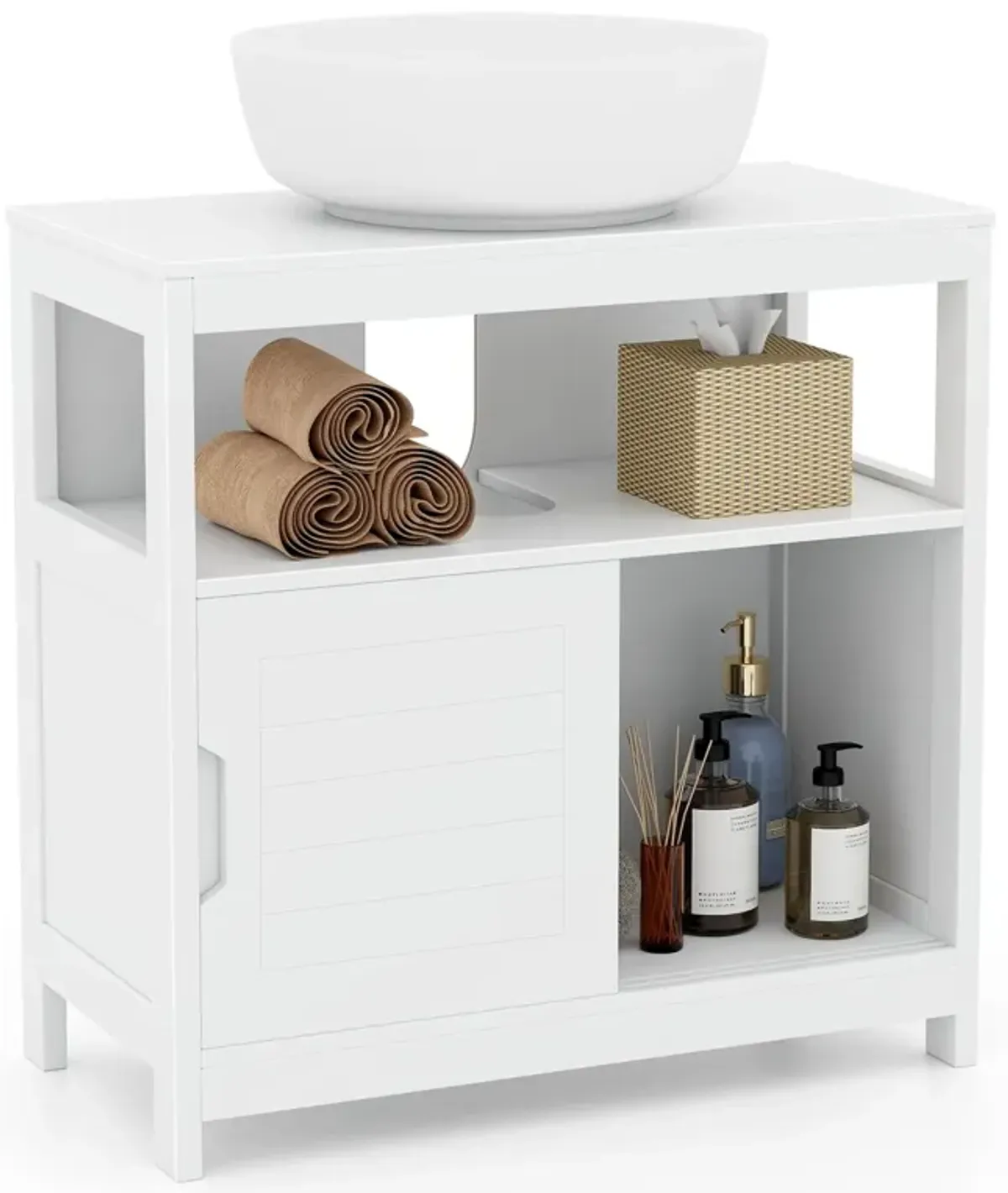 Pedestal Sink Storage Cabinet with 2 Sliding Doors and U-shaped Cut-out-White