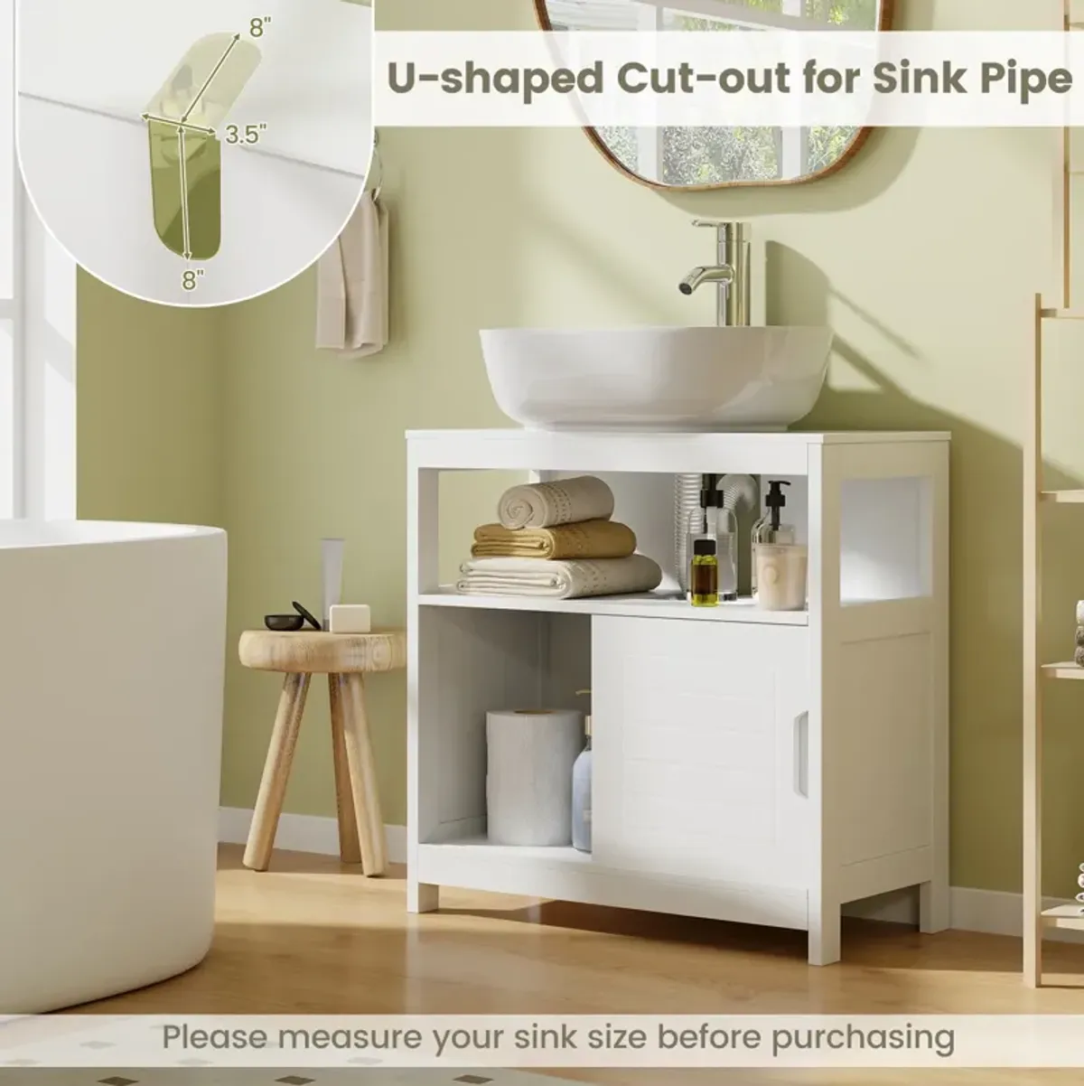 Pedestal Sink Storage Cabinet with 2 Sliding Doors and U-shaped Cut-out-White