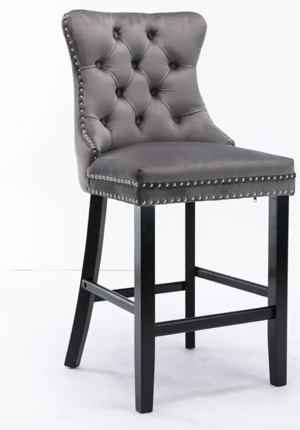 Gray Velvet Barstools with Tufted Decoration and Chrome Trim, Set of 2