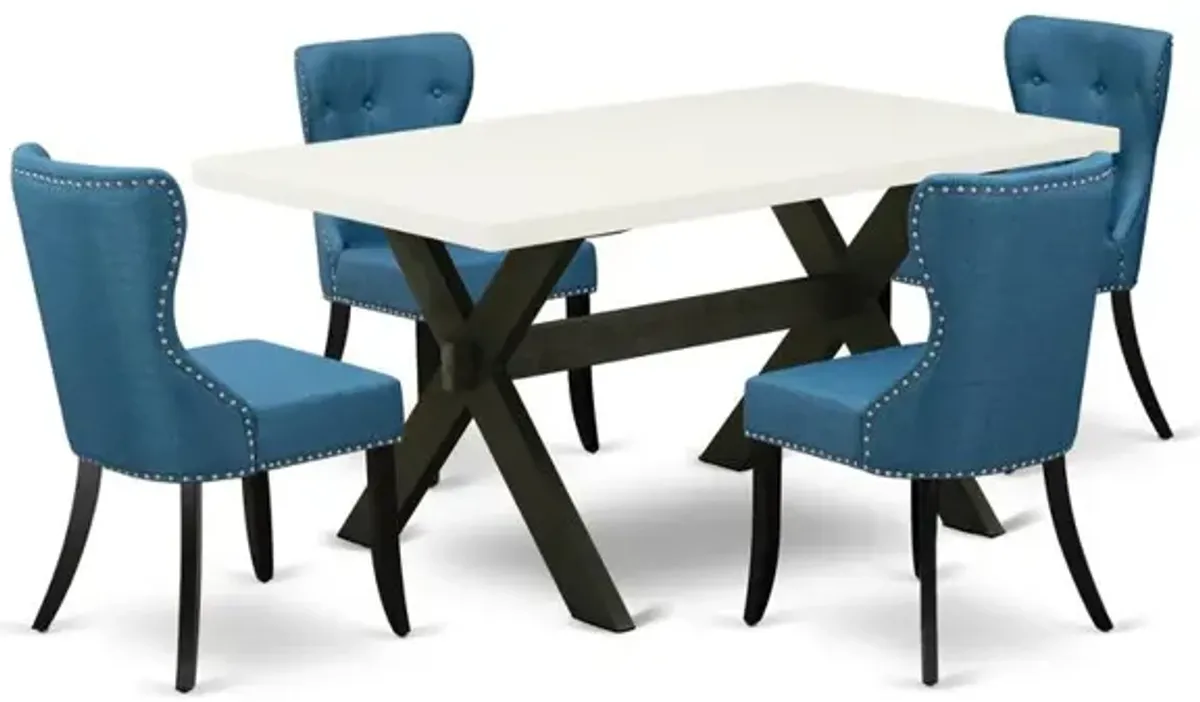 East West Furniture X626SI121-5 5-Piece Dining Room Table Set- 4 Parson Dining Room Chairs with Blue Linen Fabric Seat and Button Tufted Chair Back - Rectangular Table Top & Wooden Cross Legs - Linen