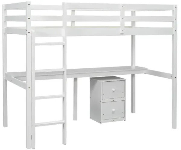 Whisen Twin Loft Wood Bed with Built-in Desk, Storage Cabinet of 2 Drawers, Guardrails and Ladder - White