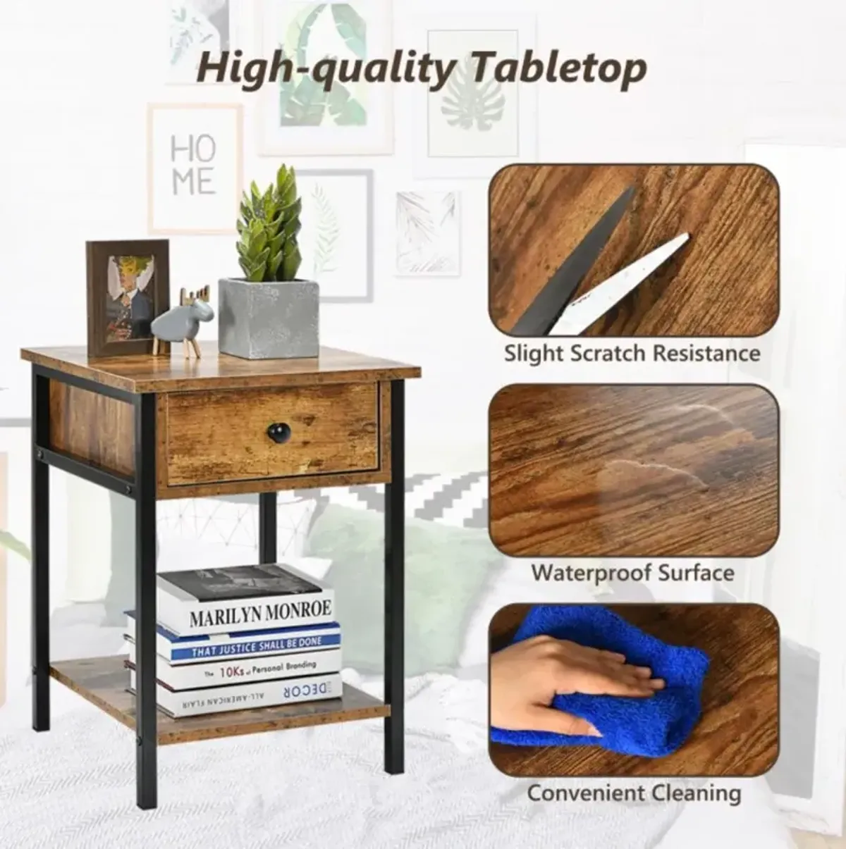 Hivvago Industrial End Side Table Nightstand with Drawer Shelf