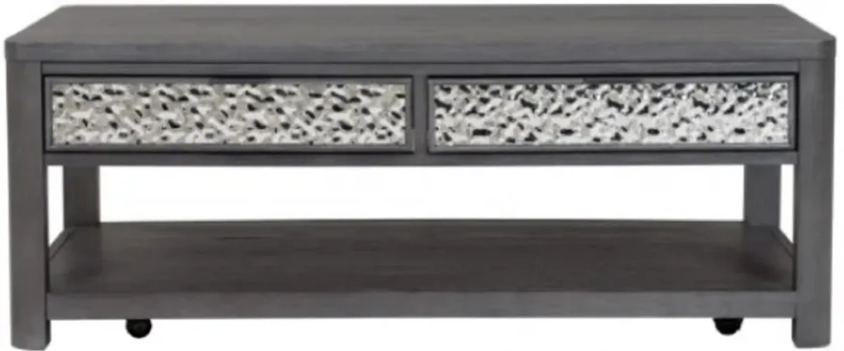 Zoko 48 Inch Coffee Table, Caster Wheels, Drawers, Ash Gray Rubberwood