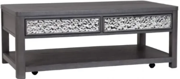 Zoko 48 Inch Coffee Table, Caster Wheels, Drawers, Ash Gray Rubberwood