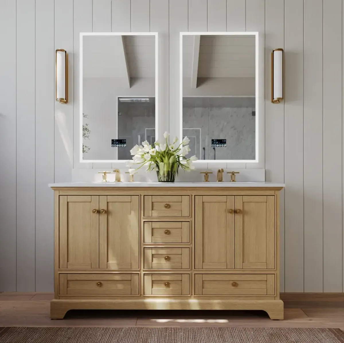 Audrey 60 in. Bath Vanity Set in Oak finish with white quartz Vanity Top and White Undermount Basin