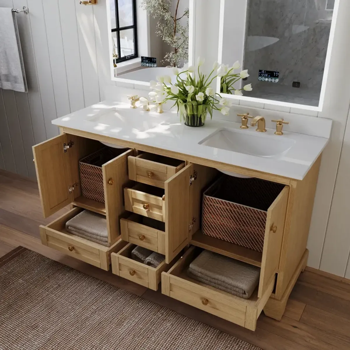 Audrey 60 in. Bath Vanity Set in Oak finish with white quartz Vanity Top and White Undermount Basin