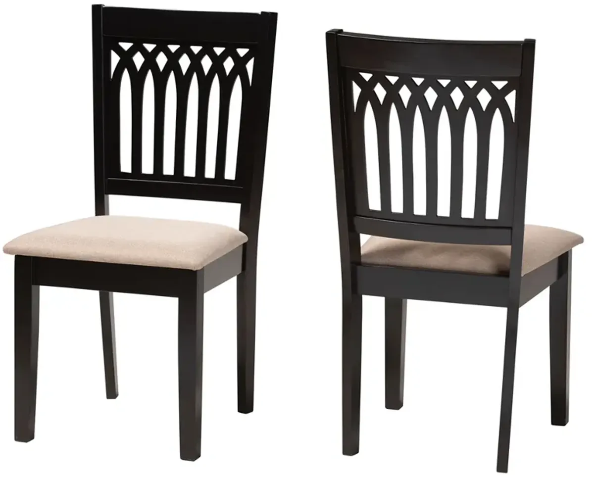 Baxton Studio Genesis Cream Fabric and Dark Brown Finished Wood 2-Piece Dining Chair Set