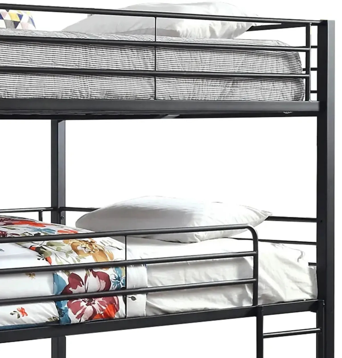 Industrial Style Queen Triple Decker Bunk Bed with Ladder, Black-Benzara