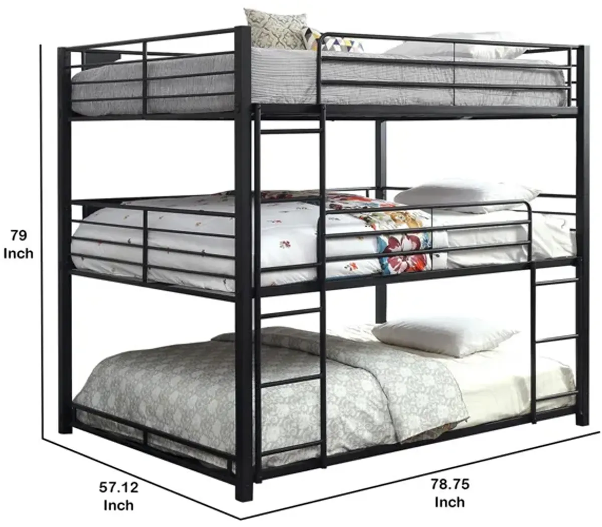 Industrial Style Queen Triple Decker Bunk Bed with Ladder, Black-Benzara