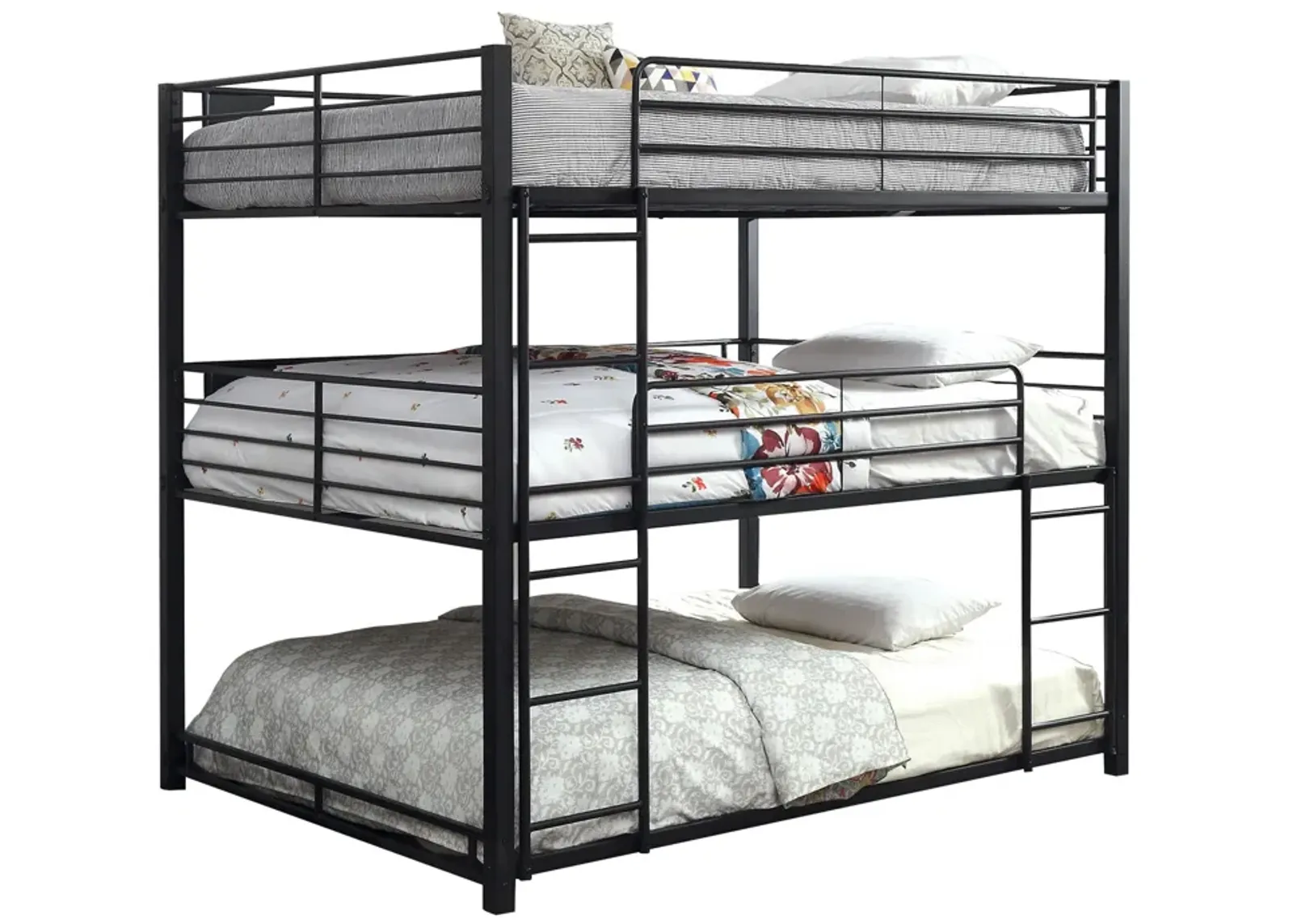 Industrial Style Queen Triple Decker Bunk Bed with Ladder, Black-Benzara