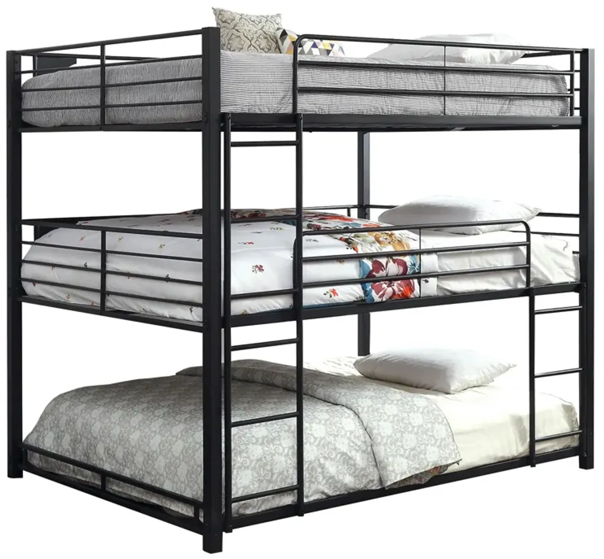 Industrial Style Queen Triple Decker Bunk Bed with Ladder, Black-Benzara