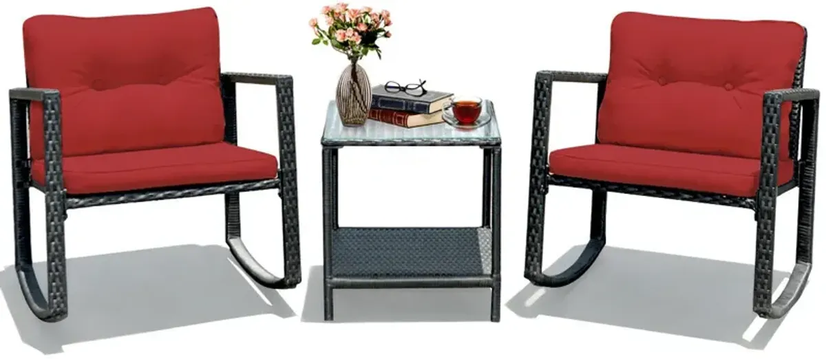 3 Pcs Wicker Rocking Bistro Set with Glass Coffee Table and Storage Shelf