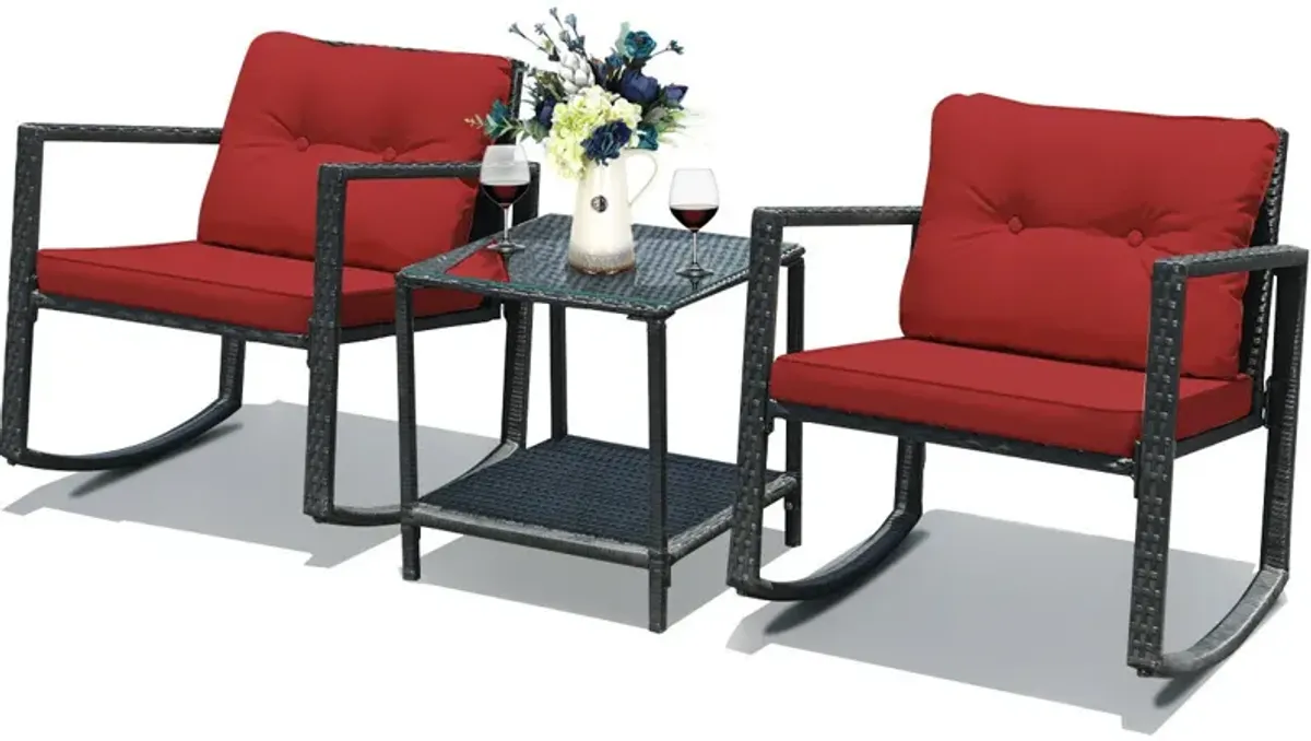 3 Pcs Wicker Rocking Bistro Set with Glass Coffee Table and Storage Shelf