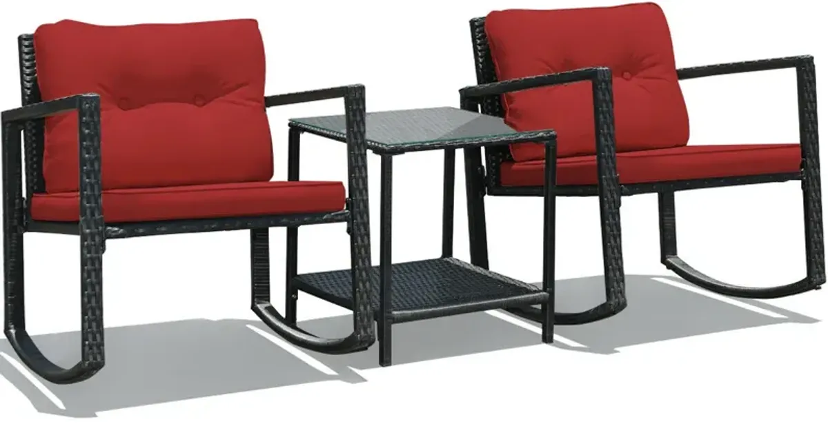 3 Pcs Wicker Rocking Bistro Set with Glass Coffee Table and Storage Shelf