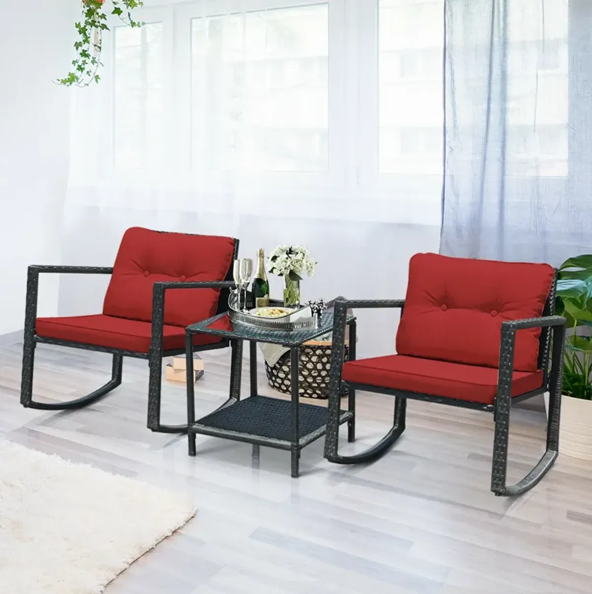 3 Pcs Wicker Rocking Bistro Set with Glass Coffee Table and Storage Shelf