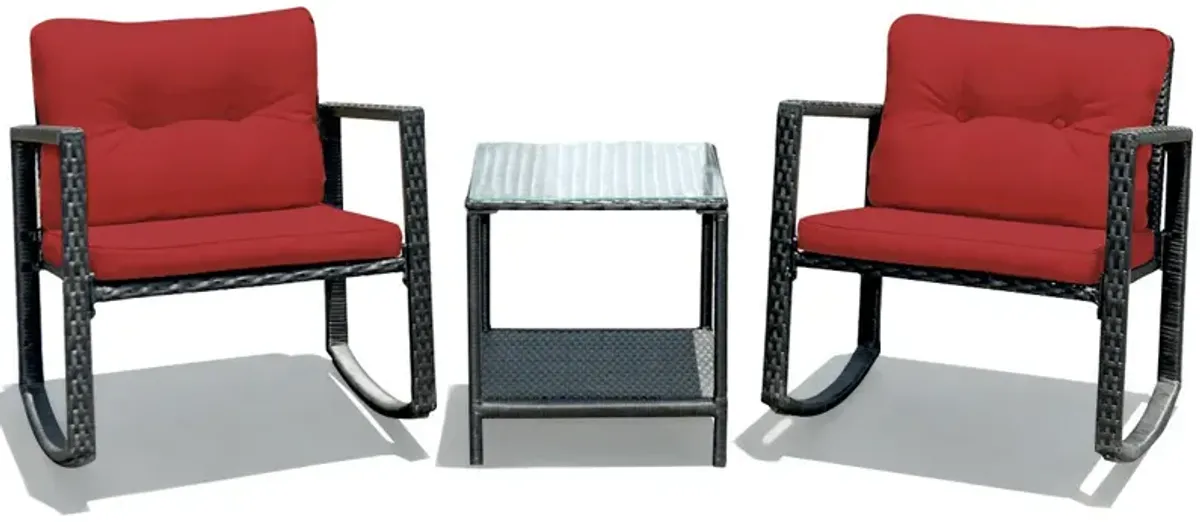 3 Pcs Wicker Rocking Bistro Set with Glass Coffee Table and Storage Shelf