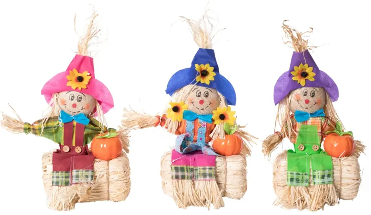 Gardenised 12 Inch Sitting on Straw and Hay Bales Multicolor Trio Scarecrows for Halloween, Fall and All Time Season Garden Decor, Scatter them Around or Gather them Together for a Mesmerizing Display