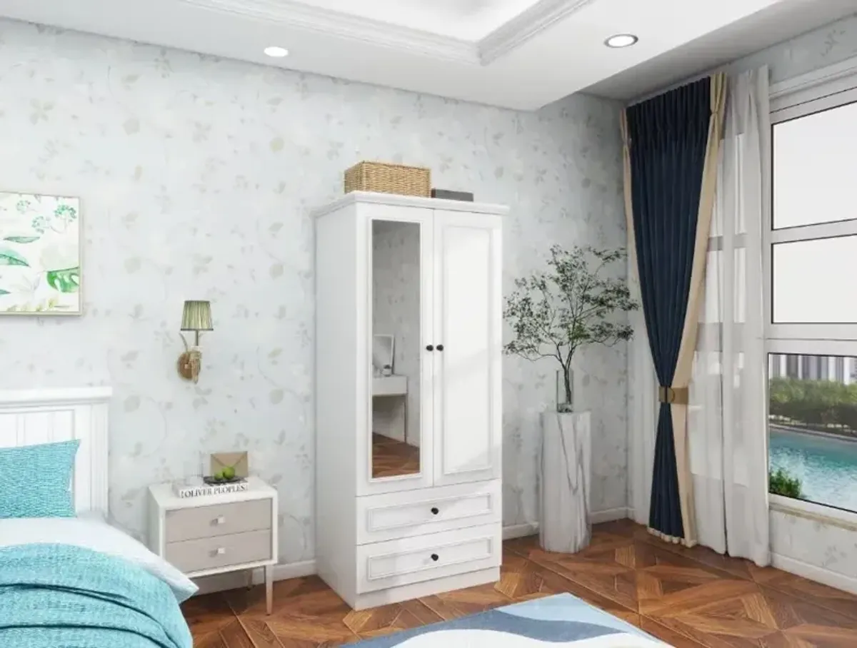 Wood Armoire Wardrobe Closet with 2 Doors Hanging Rods 2 Drawers Large Capacity Shelves Clothes Organization White Wardrobe Closet for Bedroom Armoire