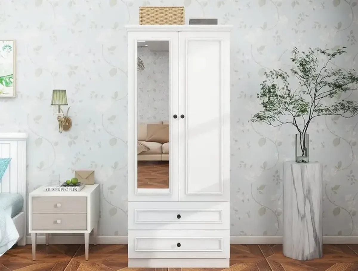 Wood Armoire Wardrobe Closet with 2 Doors Hanging Rods 2 Drawers Large Capacity Shelves Clothes Organization White Wardrobe Closet for Bedroom Armoire