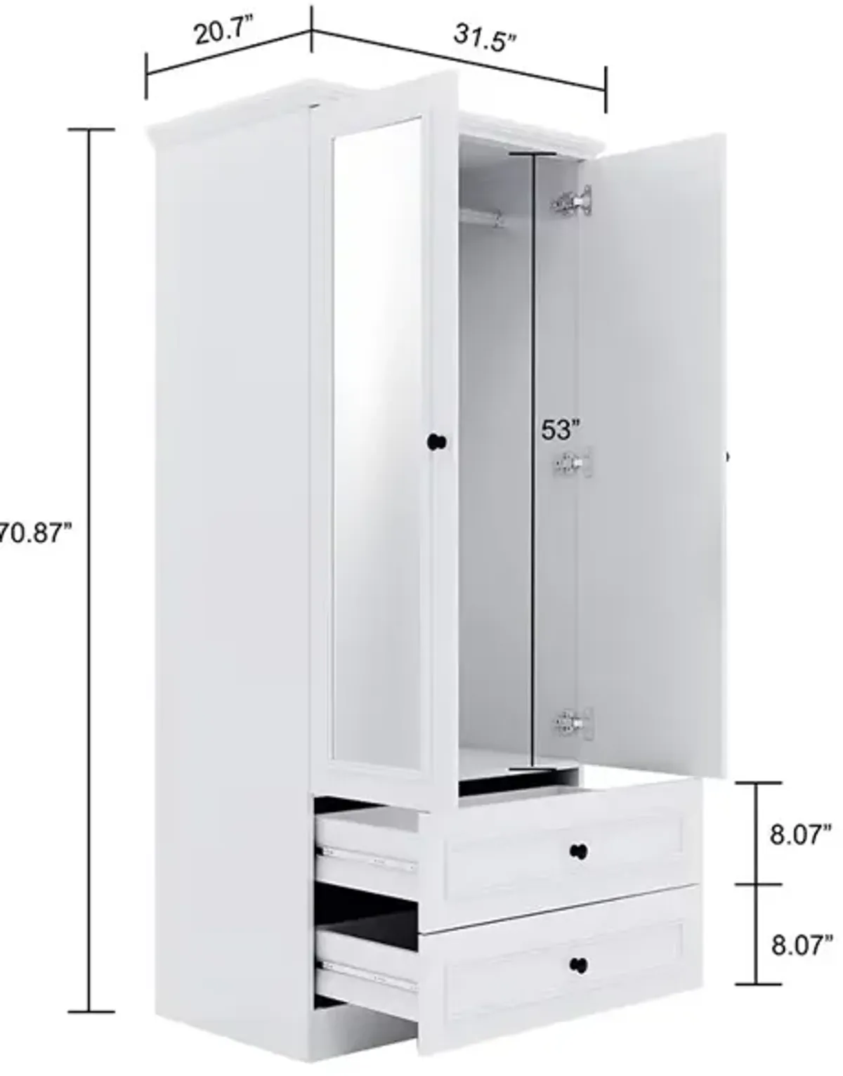 Wood Armoire Wardrobe Closet with 2 Doors Hanging Rods 2 Drawers Large Capacity Shelves Clothes Organization White Wardrobe Closet for Bedroom Armoire