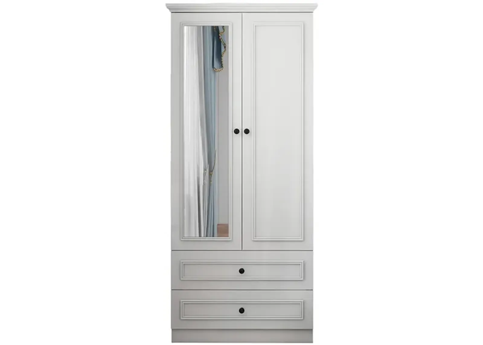 Wood Armoire Wardrobe Closet with 2 Doors Hanging Rods 2 Drawers Large Capacity Shelves Clothes Organization White Wardrobe Closet for Bedroom Armoire