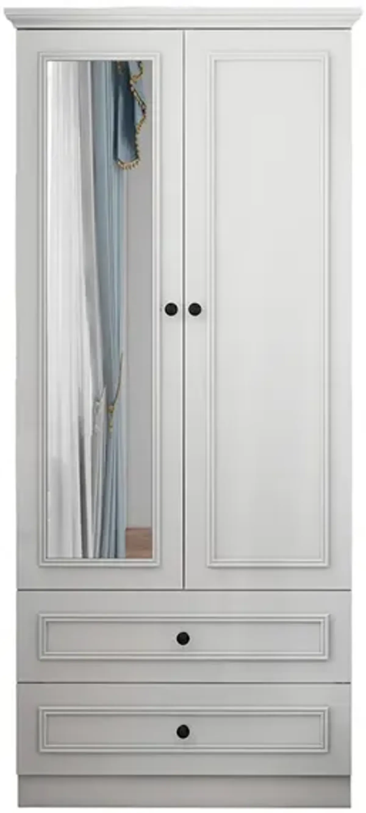 Wood Armoire Wardrobe Closet with 2 Doors Hanging Rods 2 Drawers Large Capacity Shelves Clothes Organization White Wardrobe Closet for Bedroom Armoire