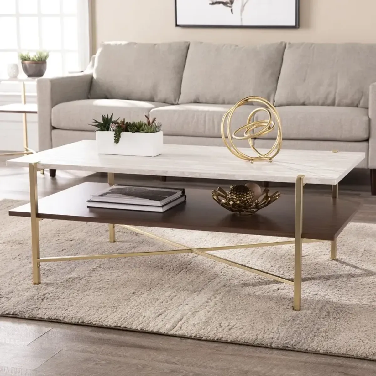 Hivvago 47" Brass Manufactured Wood And Metal Rectangular Coffee Table