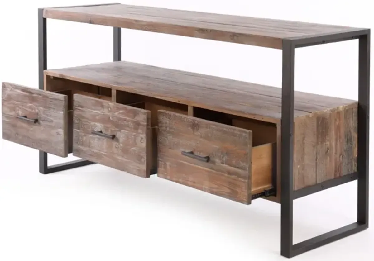 60 Inch Reclaimed Wood Media TV Console Table With 3 Drawer, Open Shelf