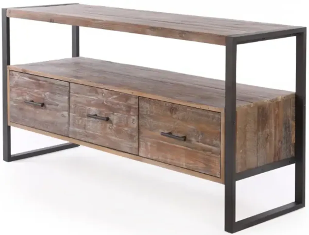 60 Inch Reclaimed Wood Media TV Console Table With 3 Drawer, Open Shelf