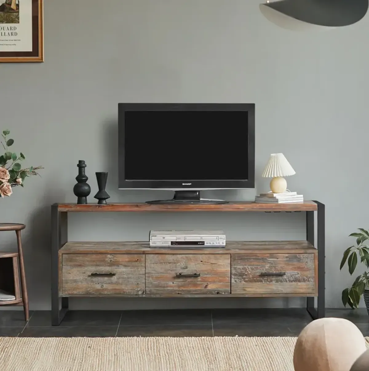 60 Inch Reclaimed Wood Media TV Console Table With 3 Drawer, Open Shelf