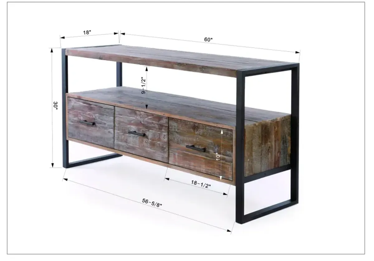 60 Inch Reclaimed Wood Media TV Console Table With 3 Drawer, Open Shelf