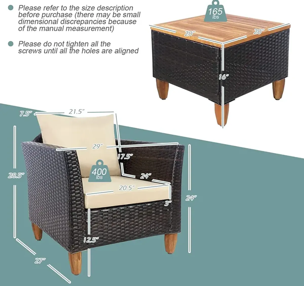 3 Pieces Patio Rattan Bistro Furniture Set with Wooden Table Top